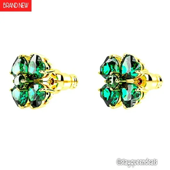 Gold-Tone Crystal Stud Earrings, Clover Motif, 0.47 Inch